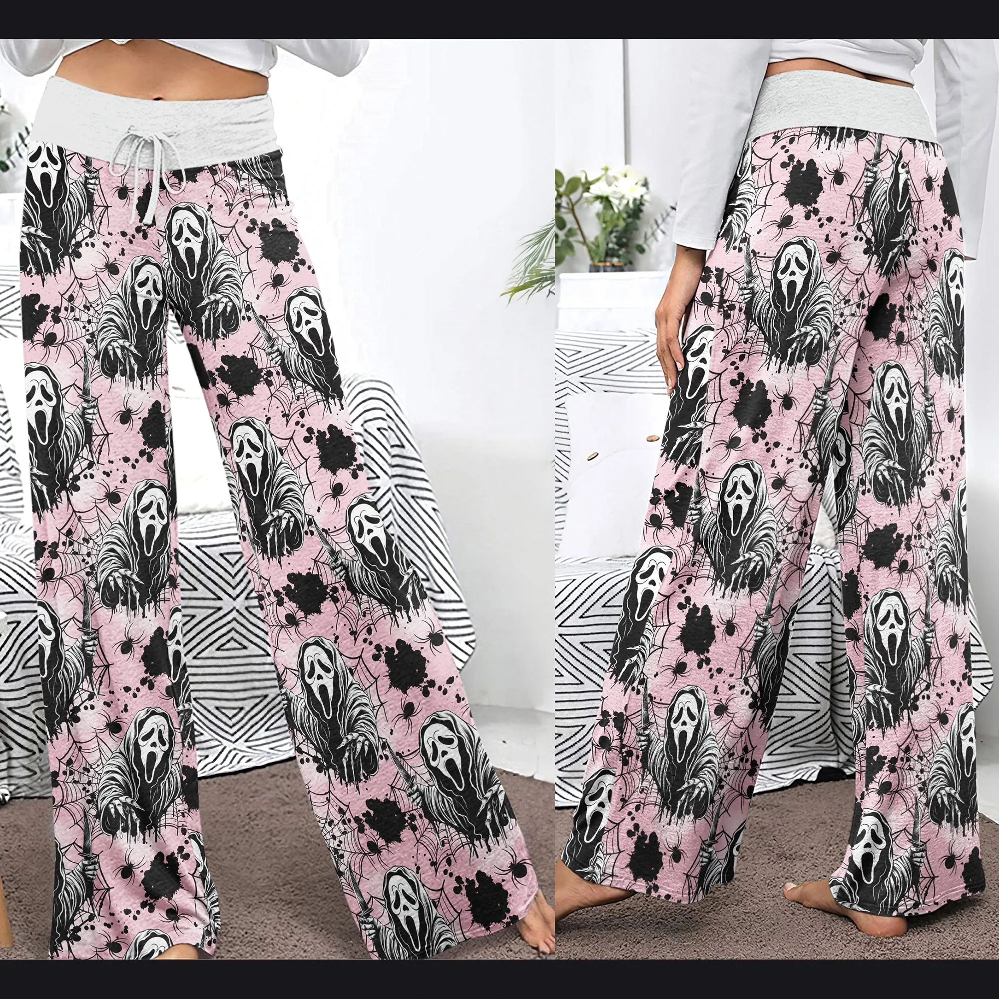 Dark Scary Art Theme Women's High-waisted Wide Leg Pants