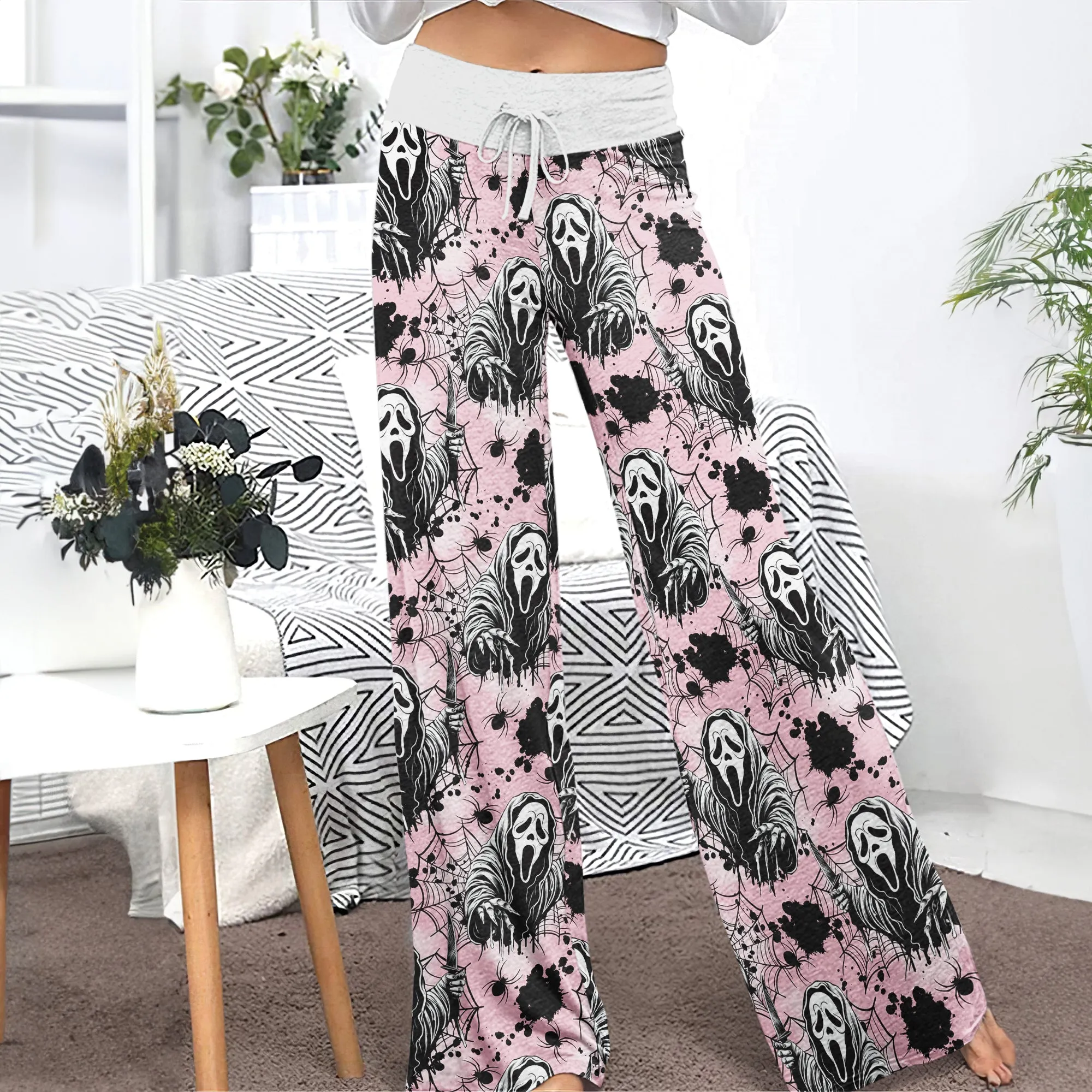 Dark Scary Art Theme Women's High-waisted Wide Leg Pants