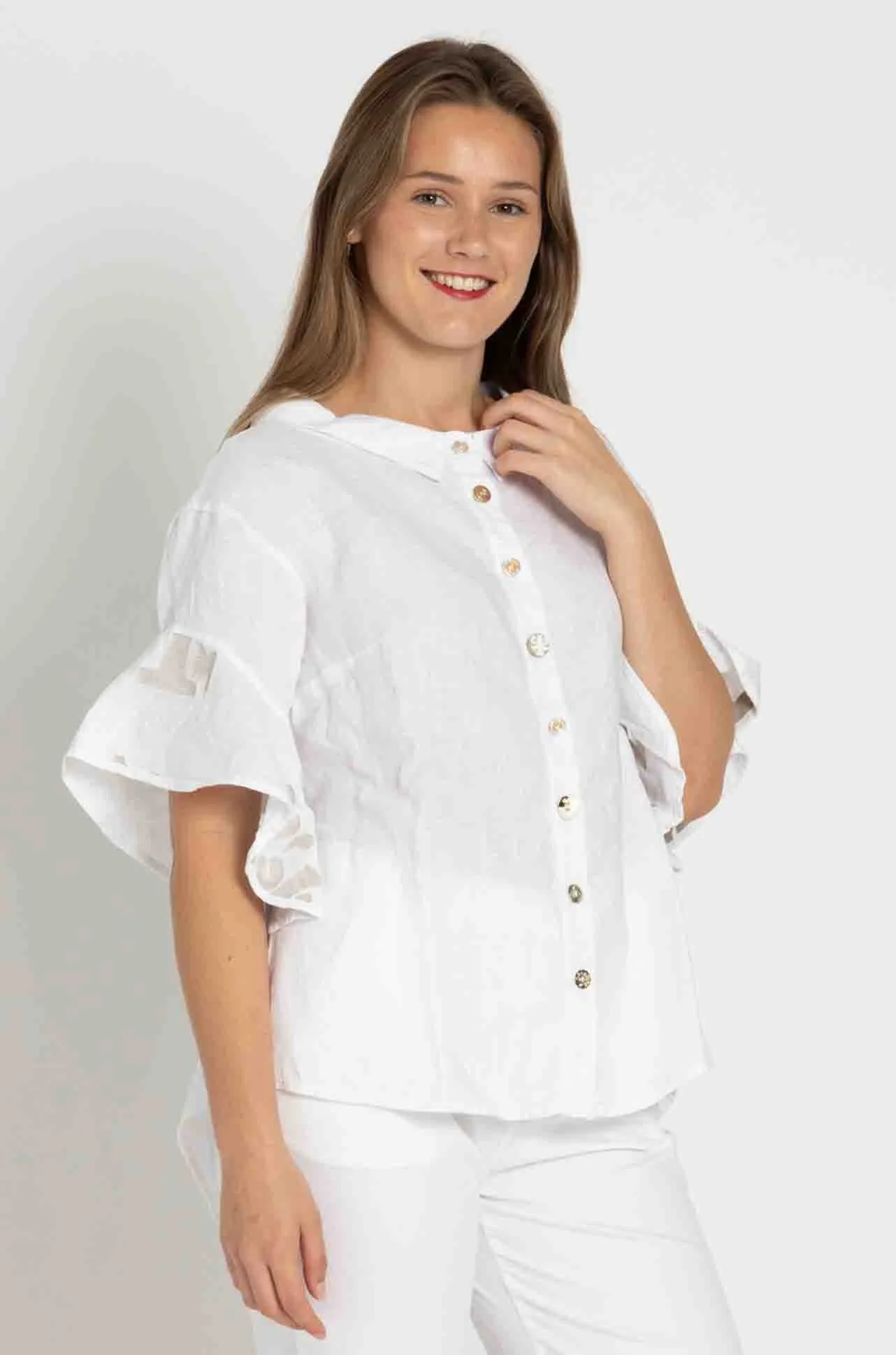 Elisa Cavaletti - Linen Blouse w/ Printed Flounce Sleeve