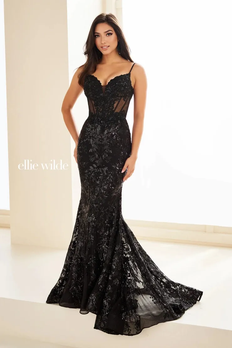 Ellie Wilde EW36003 Sheer Corset Sequin Mermaid Backless Prom Dress Pageant Evening Gown