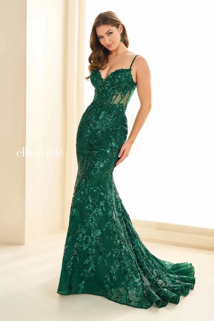 Ellie Wilde EW36003 Sheer Corset Sequin Mermaid Backless Prom Dress Pageant Evening Gown