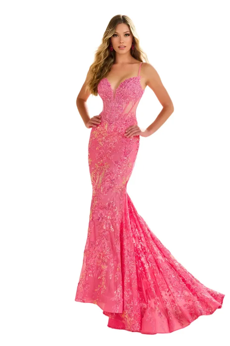 Ellie Wilde EW36003 Sheer Corset Sequin Mermaid Backless Prom Dress Pageant Evening Gown