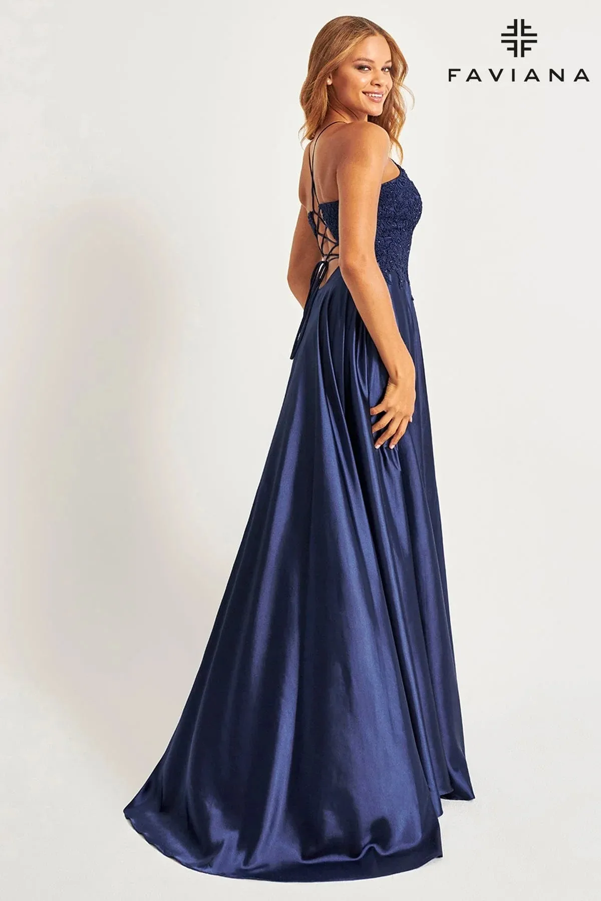 Faviana S10400 Satin Beaded Gown with Lace-up Back