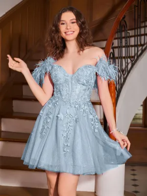 Feather Adorned Off-the-shoulder Cocktail Dress Dusty Blue