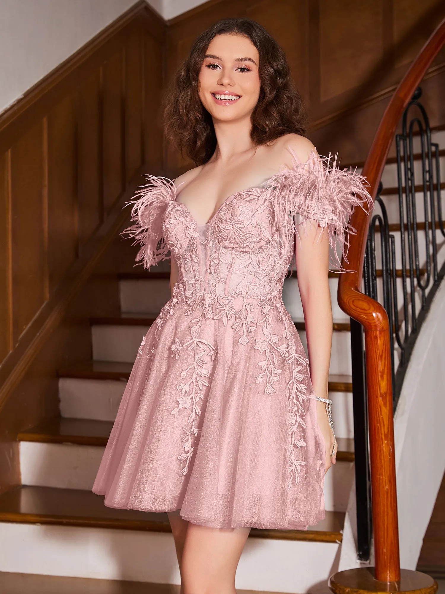 Feather Adorned Off-the-shoulder Cocktail Dress Dusty Rose