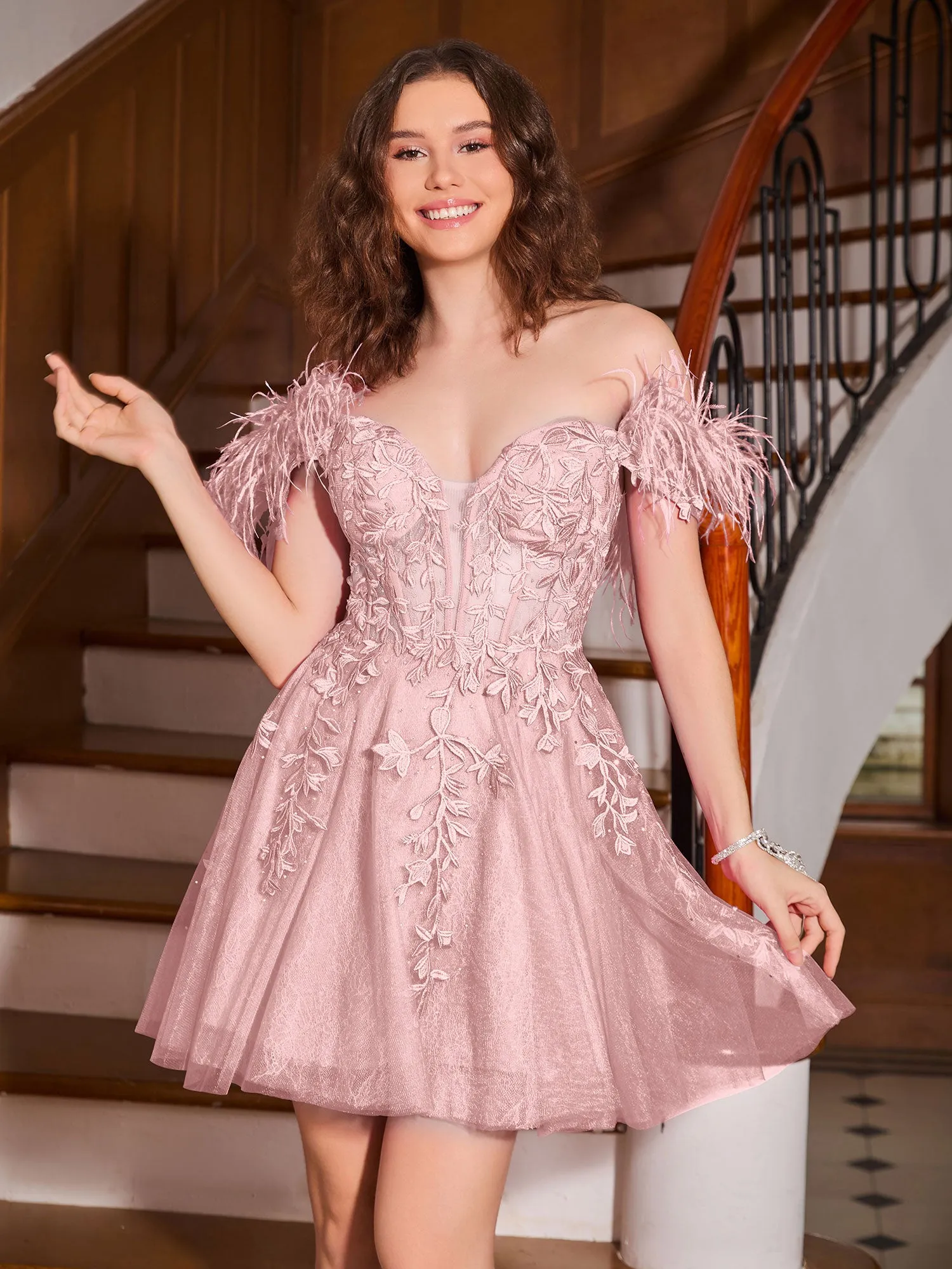 Feather Adorned Off-the-shoulder Cocktail Dress Dusty Rose
