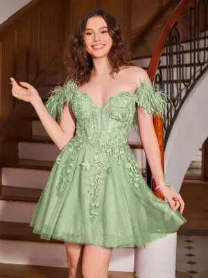 Feather Adorned Off-the-shoulder Cocktail Dress Dusty Sage
