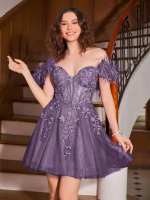 Feather Adorned Off-the-shoulder Cocktail Dress Plum