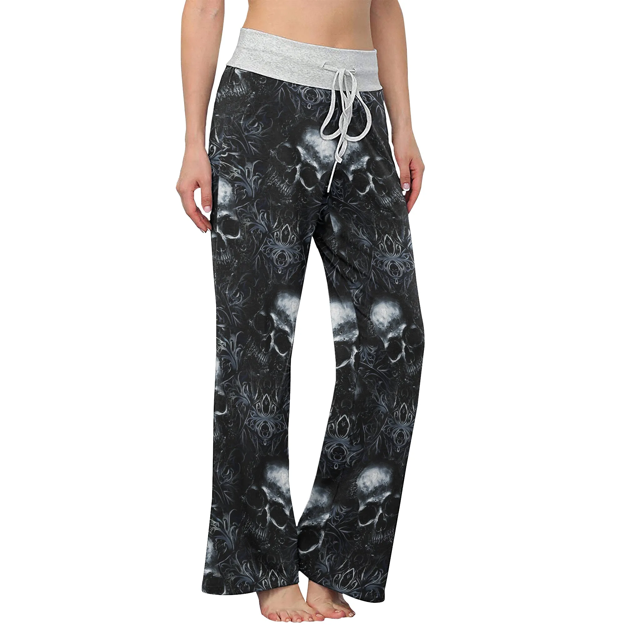 Filigree Skull Pattern Women's High-waisted Wide Leg Pants