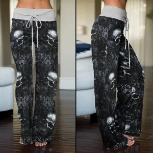 Filigree Skull Pattern Women's High-waisted Wide Leg Pants