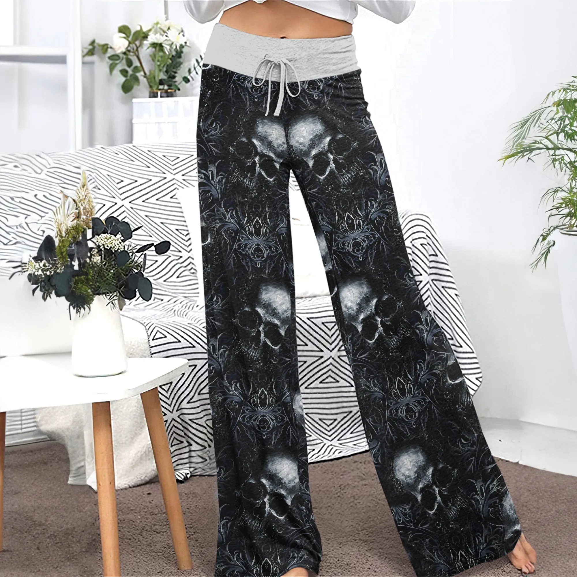 Filigree Skull Pattern Women's High-waisted Wide Leg Pants