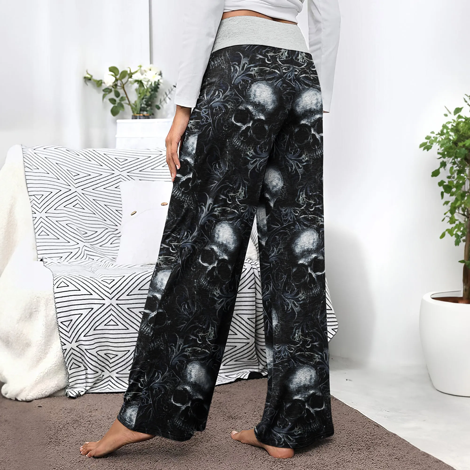 Filigree Skull Pattern Women's High-waisted Wide Leg Pants