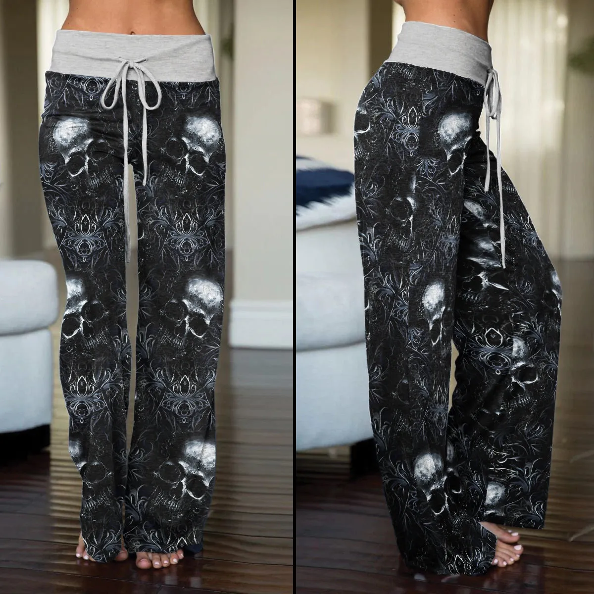 Filigree Skull Pattern Women's High-waisted Wide Leg Pants
