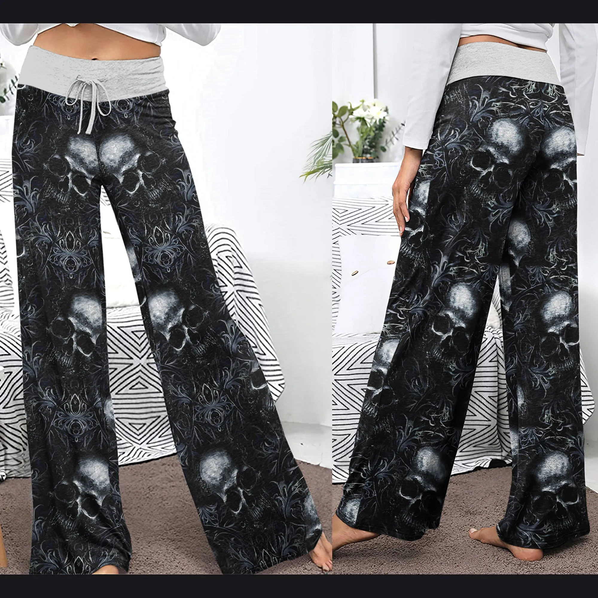 Filigree Skull Pattern Women's High-waisted Wide Leg Pants