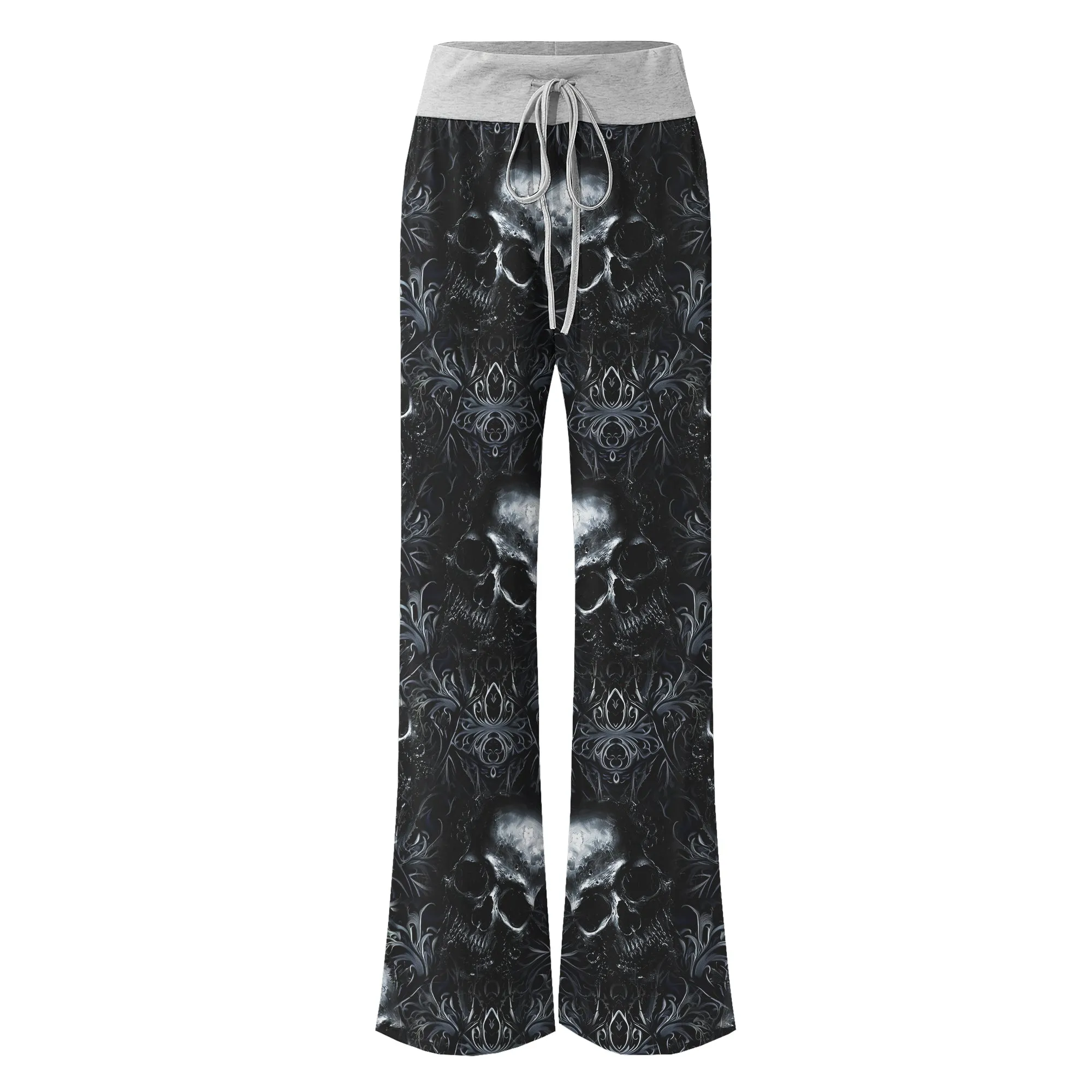 Filigree Skull Pattern Women's High-waisted Wide Leg Pants