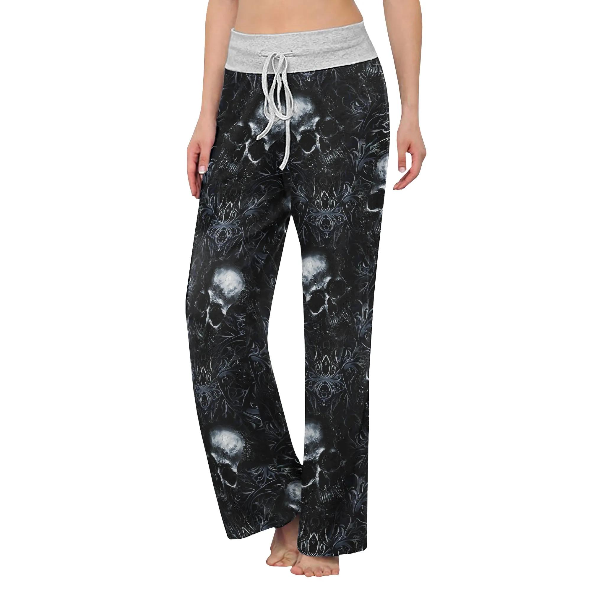 Filigree Skull Pattern Women's High-waisted Wide Leg Pants