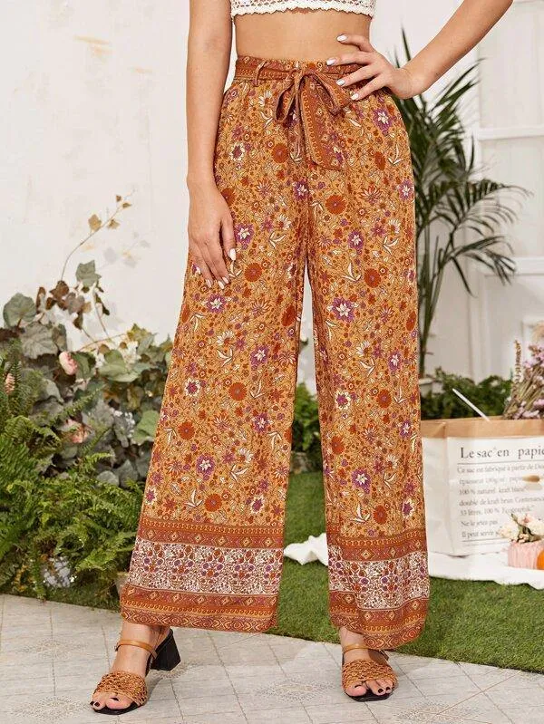Floral & Tribal Print Belted Wide Leg Pants