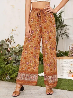 Floral & Tribal Print Belted Wide Leg Pants