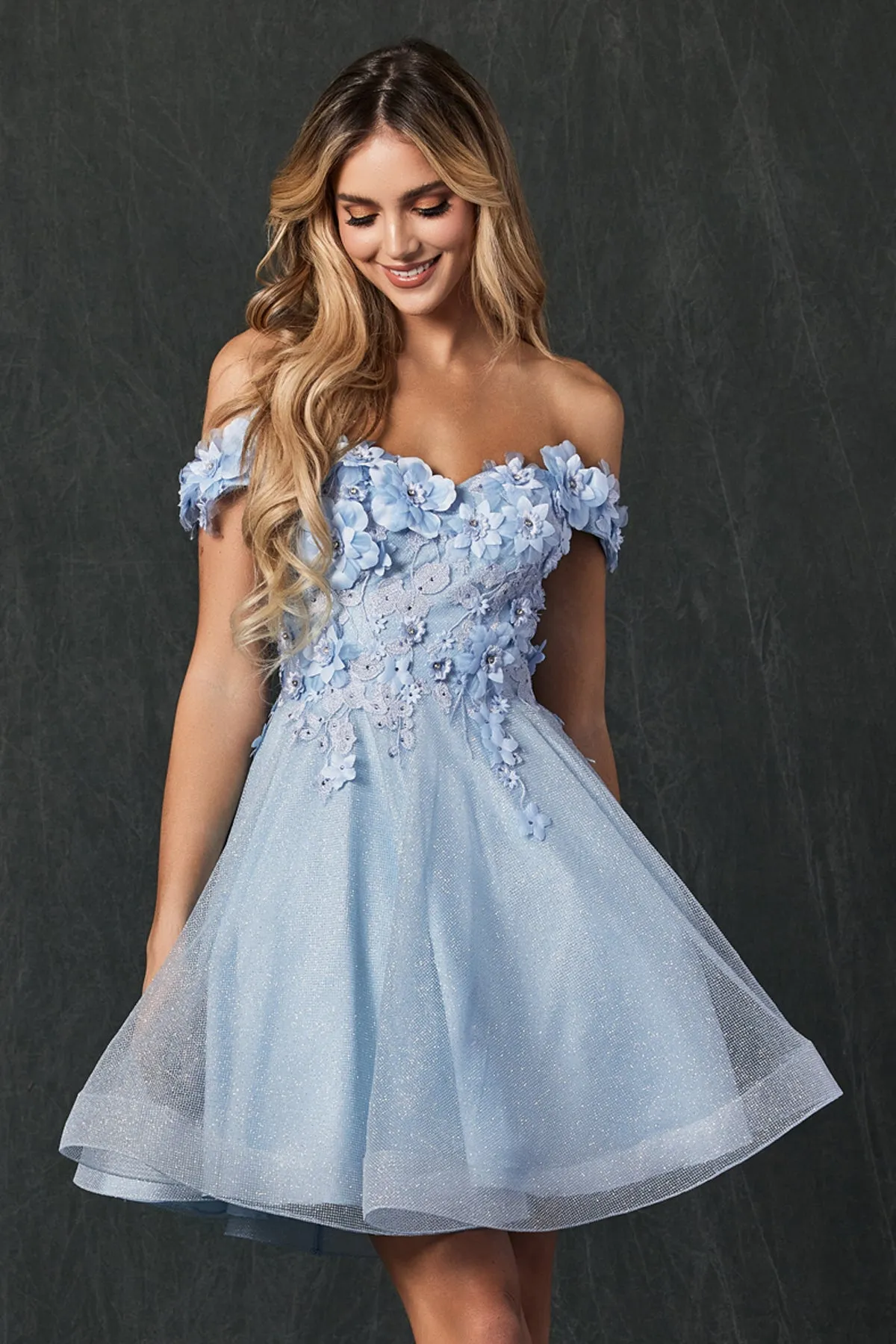 Floral embroidered and glitter mesh short dress