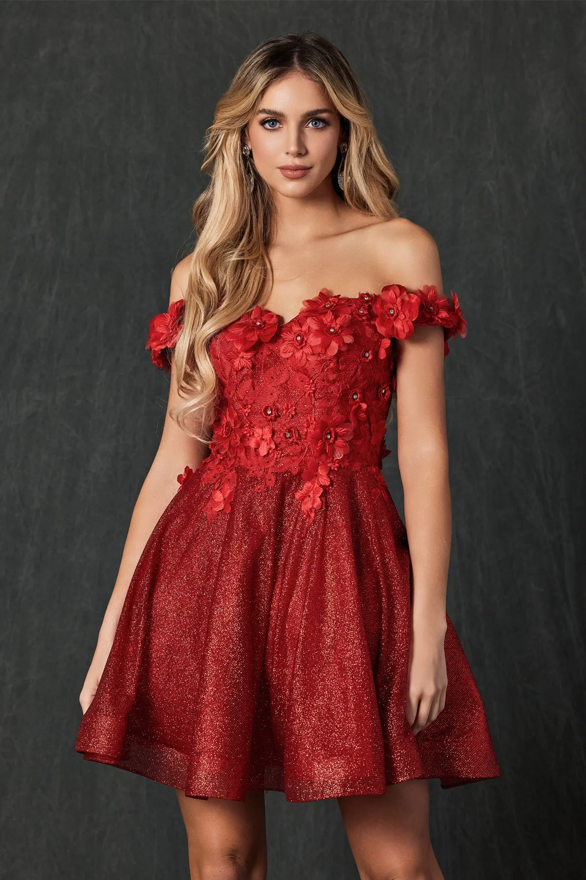 Floral embroidered and glitter mesh short dress