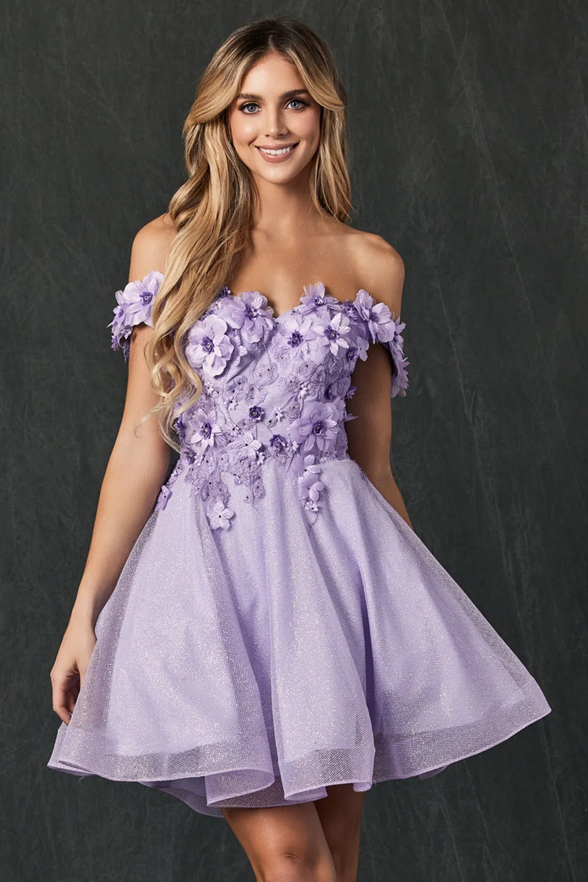 Floral embroidered and glitter mesh short dress