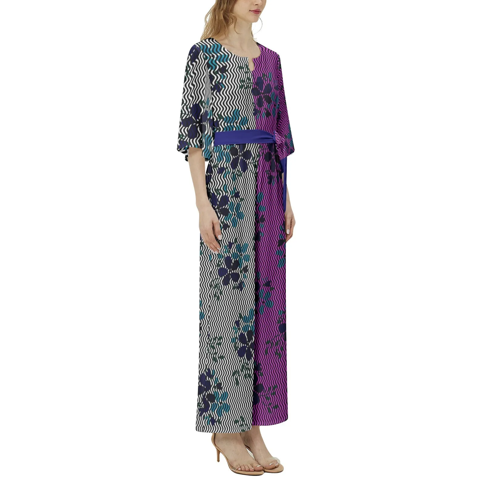 Floral Waves Dolman Sleeve Belted Wide Leg Jumpsuit