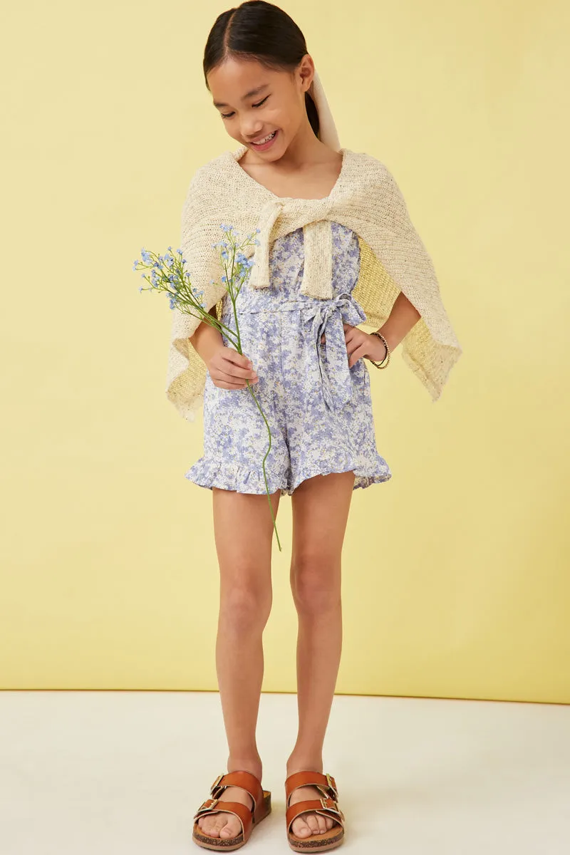 Girls Floral Print Belted Sleeveless Romper