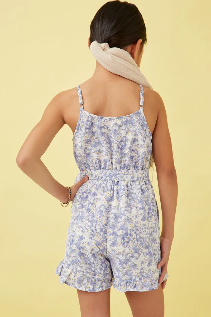 Girls Floral Print Belted Sleeveless Romper