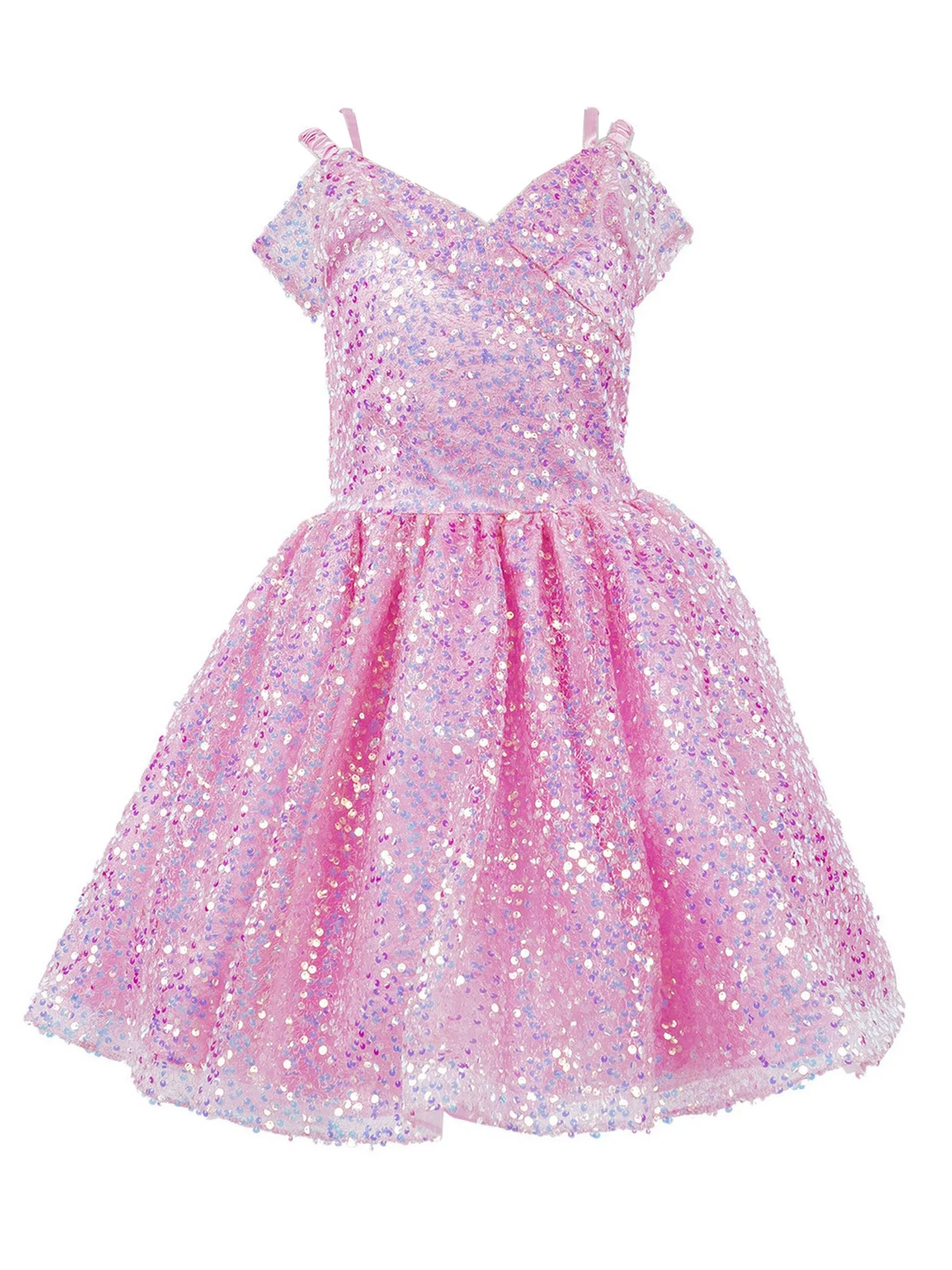 Girls Rainbow Sequin Off Shoulder Short Party Dress, Sizes 2-16