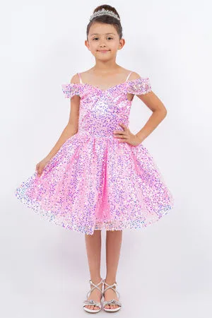 Girls Rainbow Sequin Off Shoulder Short Party Dress, Sizes 2-16
