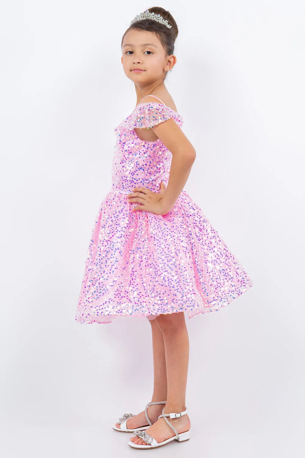 Girls Rainbow Sequin Off Shoulder Short Party Dress, Sizes 2-16