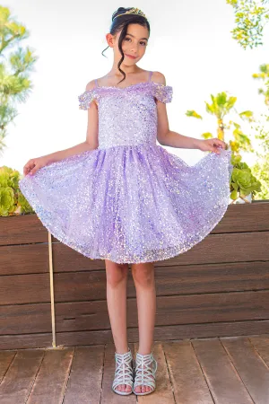 Girls Rainbow Sequin Off Shoulder Short Party Dress, Sizes 2-16