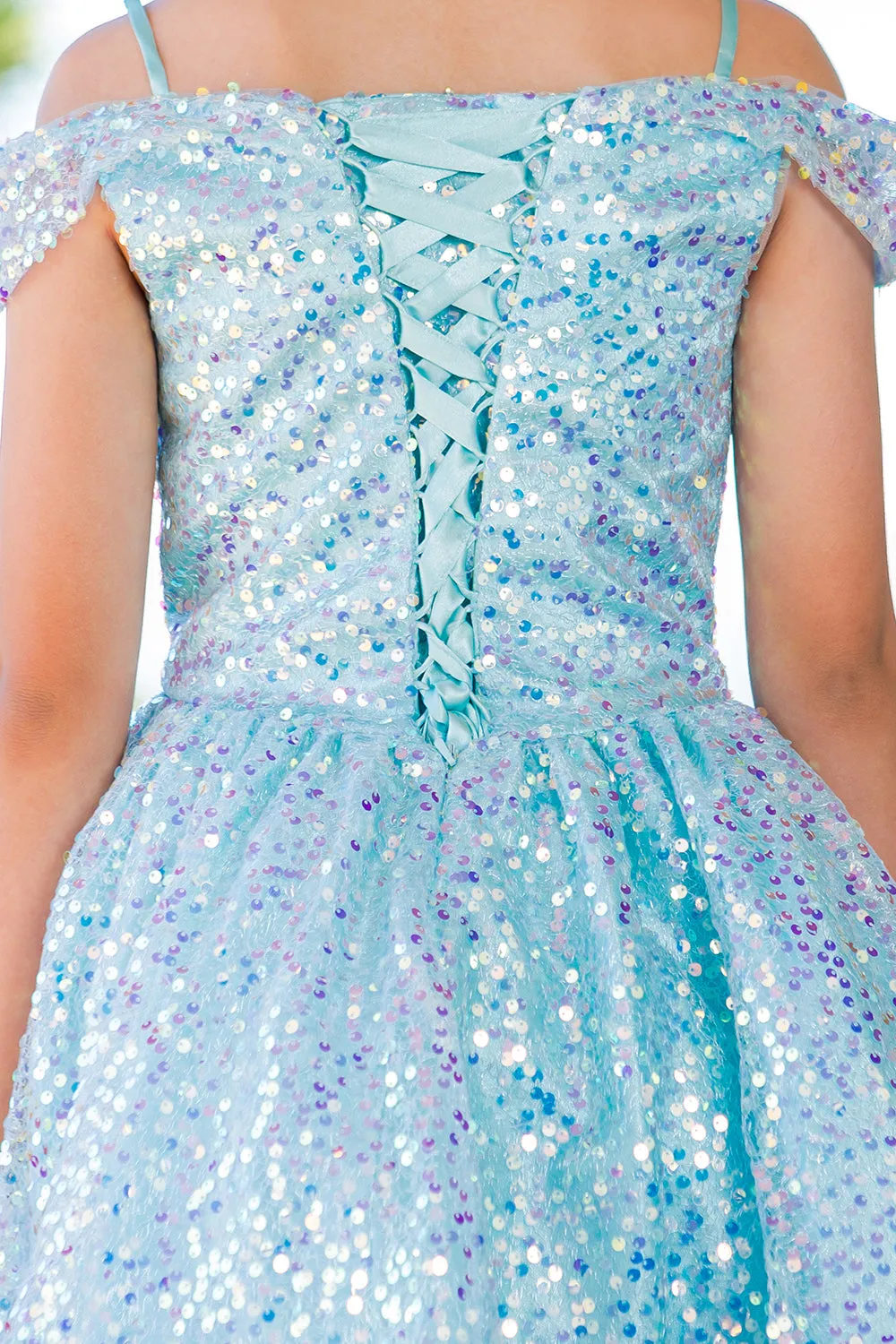 Girls Rainbow Sequin Off Shoulder Short Party Dress, Sizes 2-16
