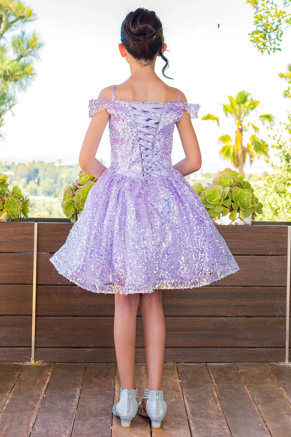 Girls Rainbow Sequin Off Shoulder Short Party Dress, Sizes 2-16