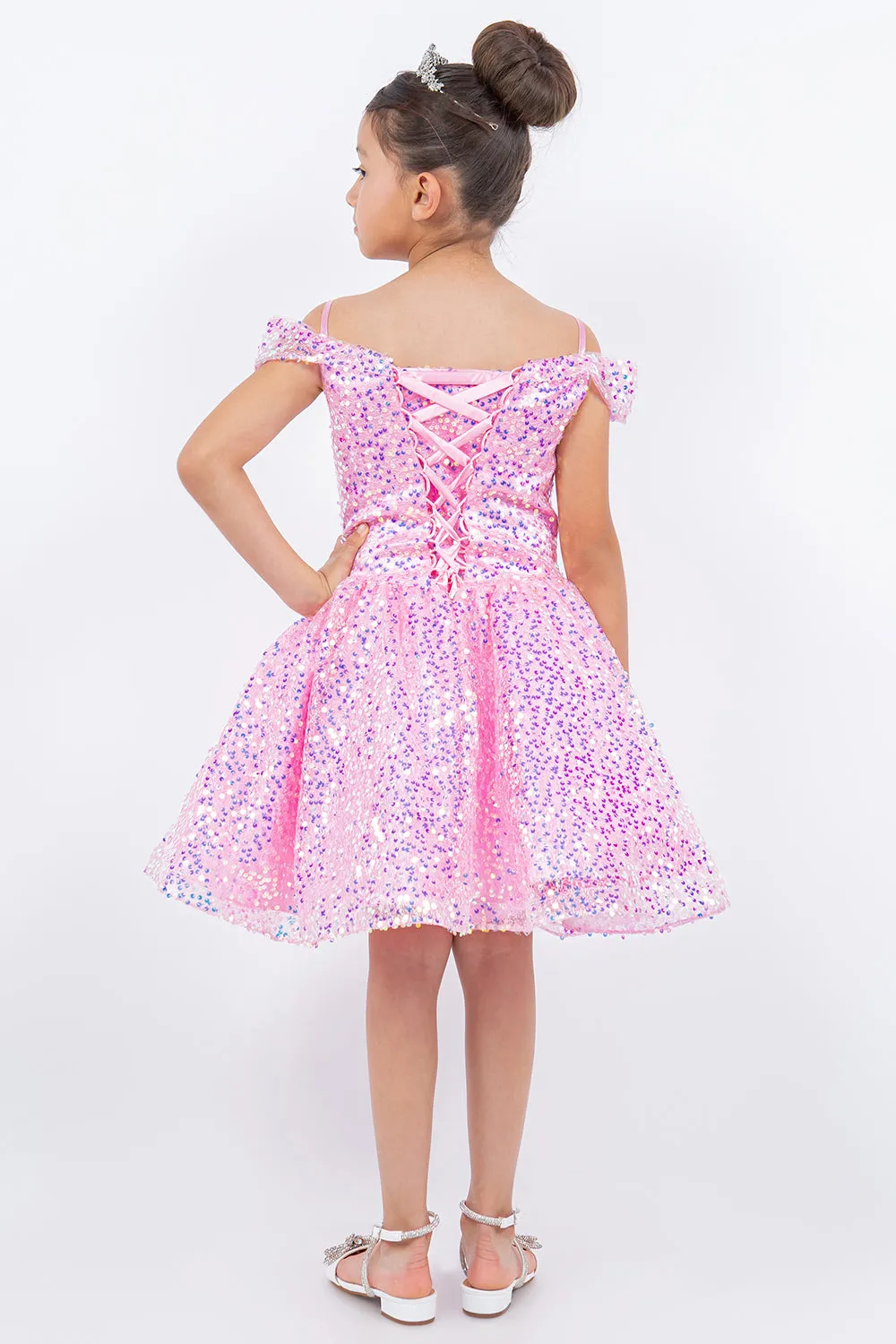 Girls Rainbow Sequin Off Shoulder Short Party Dress, Sizes 2-16