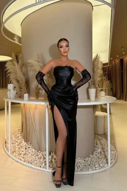 Glamorous strapless mermaid column satin evening dresses ruffles