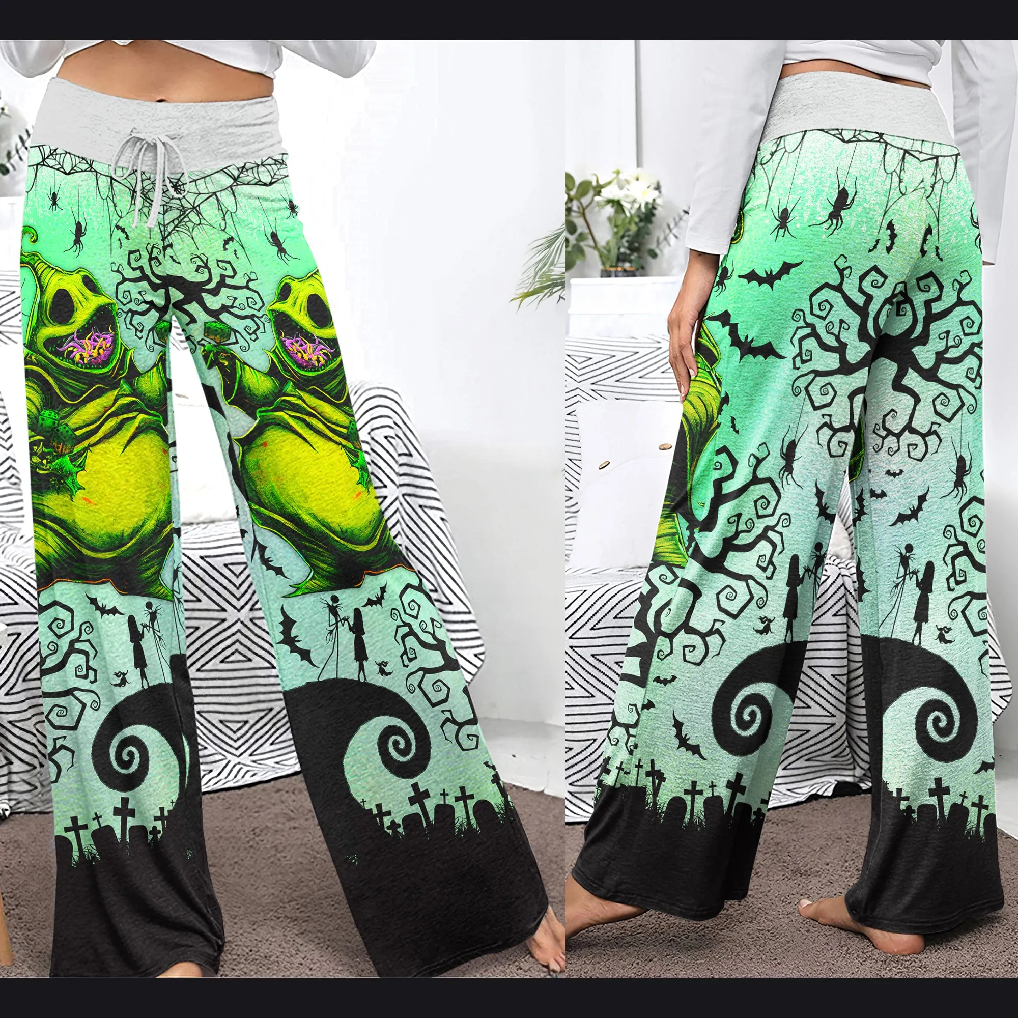 Green Nightmare Theme Art Women's High-waisted Wide Leg Pants