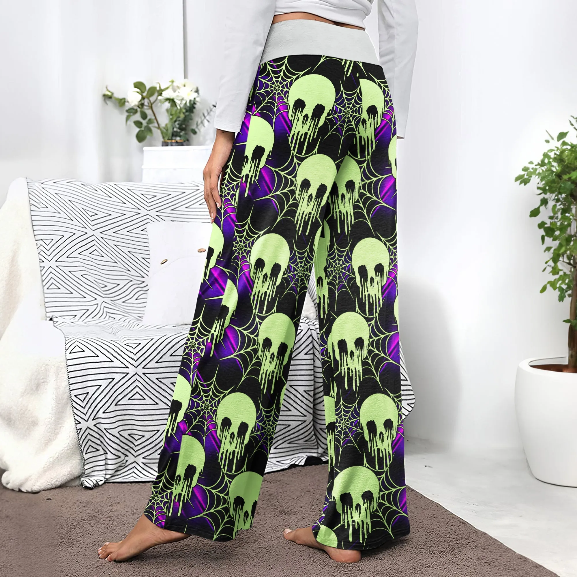 Green Skull Melting Women's High-waisted Wide Leg Pants