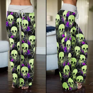 Green Skull Melting Women's High-waisted Wide Leg Pants