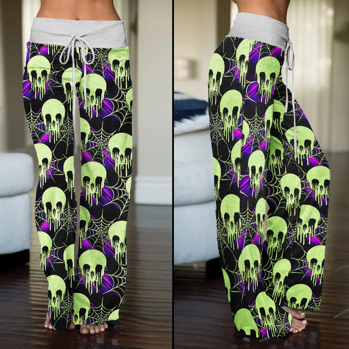 Green Skull Melting Women's High-waisted Wide Leg Pants