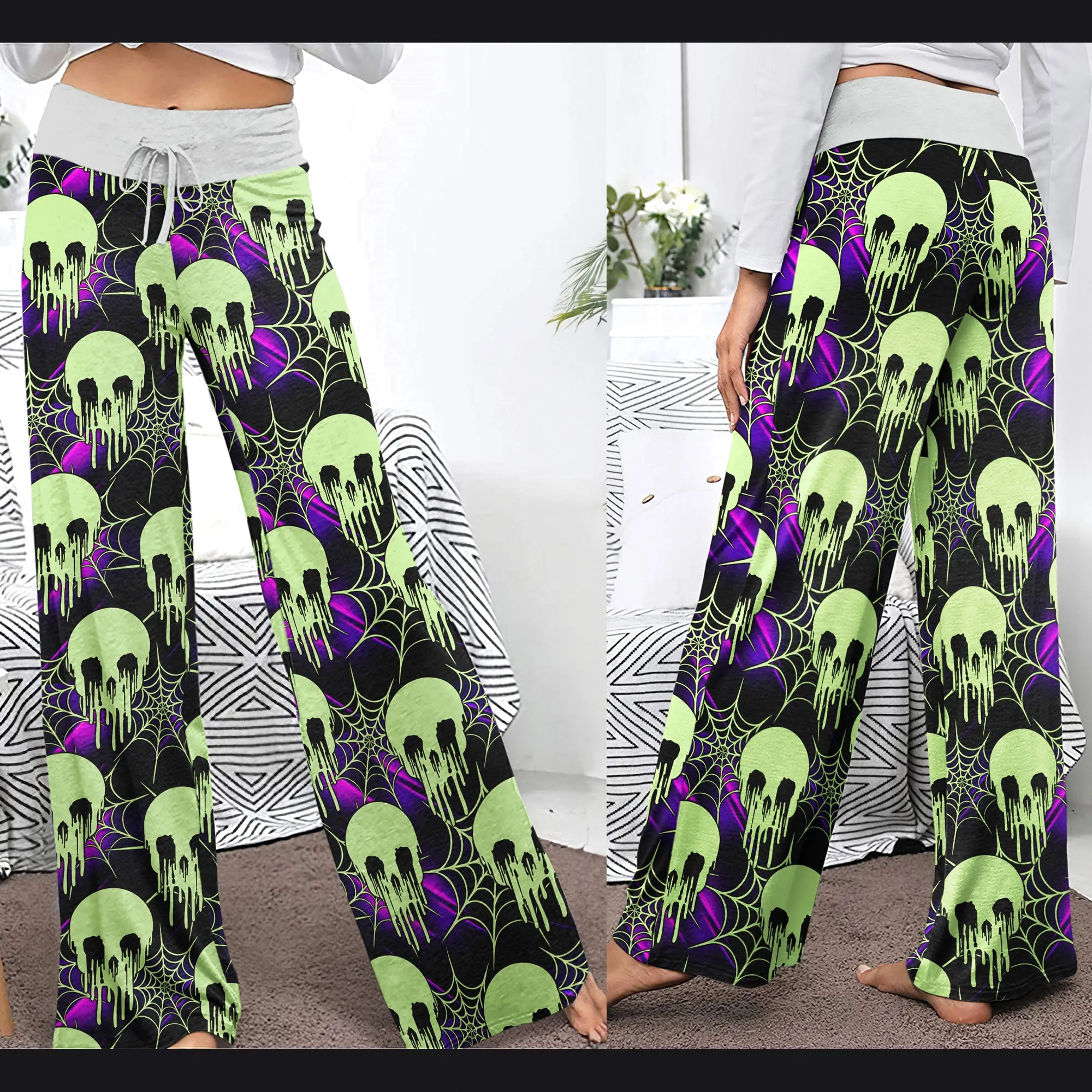 Green Skull Melting Women's High-waisted Wide Leg Pants
