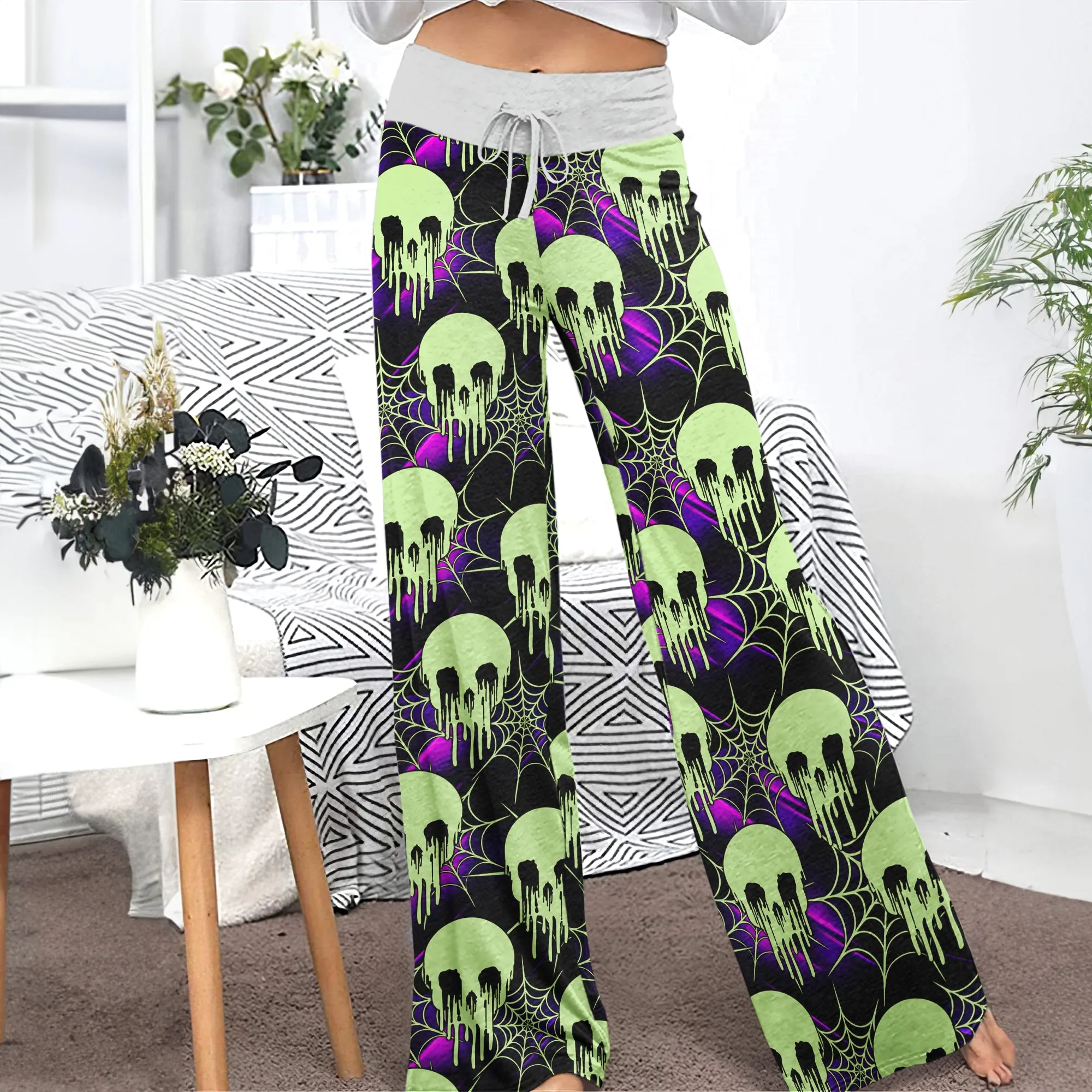 Green Skull Melting Women's High-waisted Wide Leg Pants