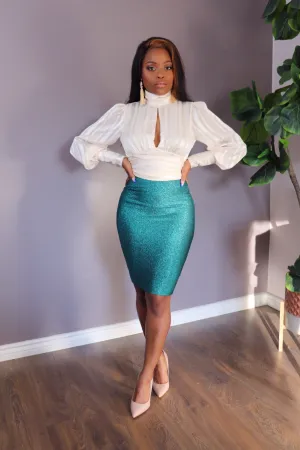 HIGH KNEE Metallic Midi Bandage Skirt in Green