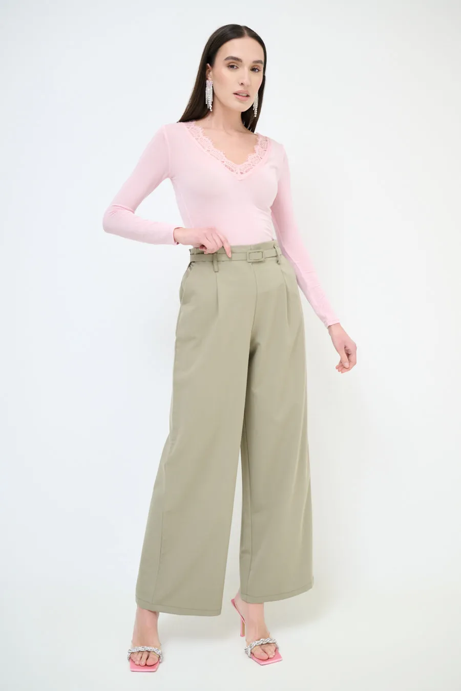High-waisted wide leg belted trousers wholesale