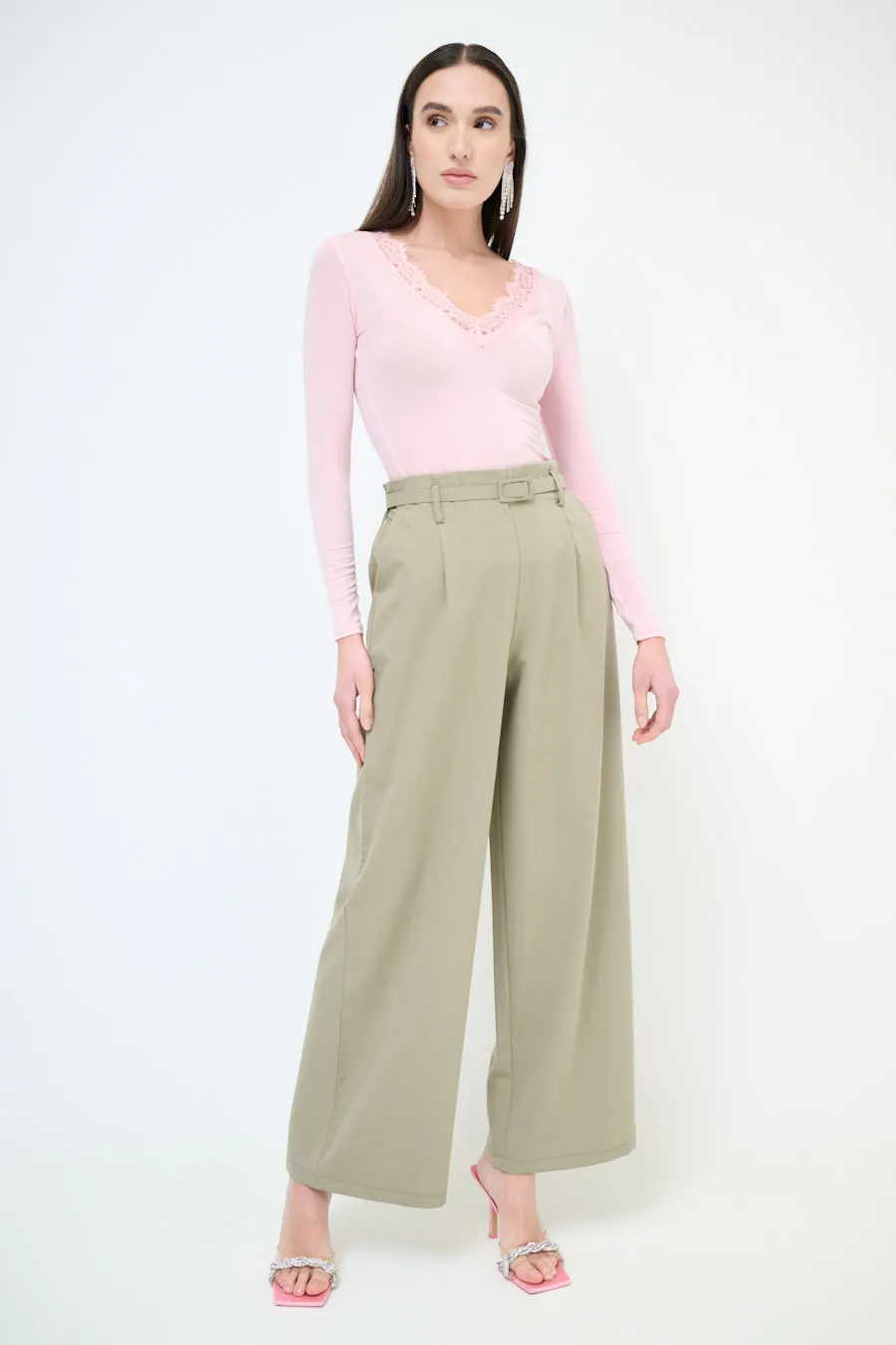High-waisted wide leg belted trousers wholesale