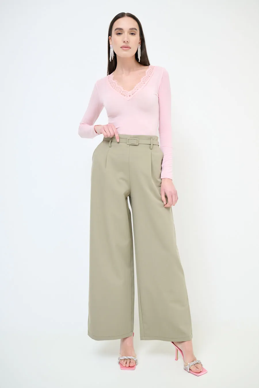 High-waisted wide leg belted trousers wholesale