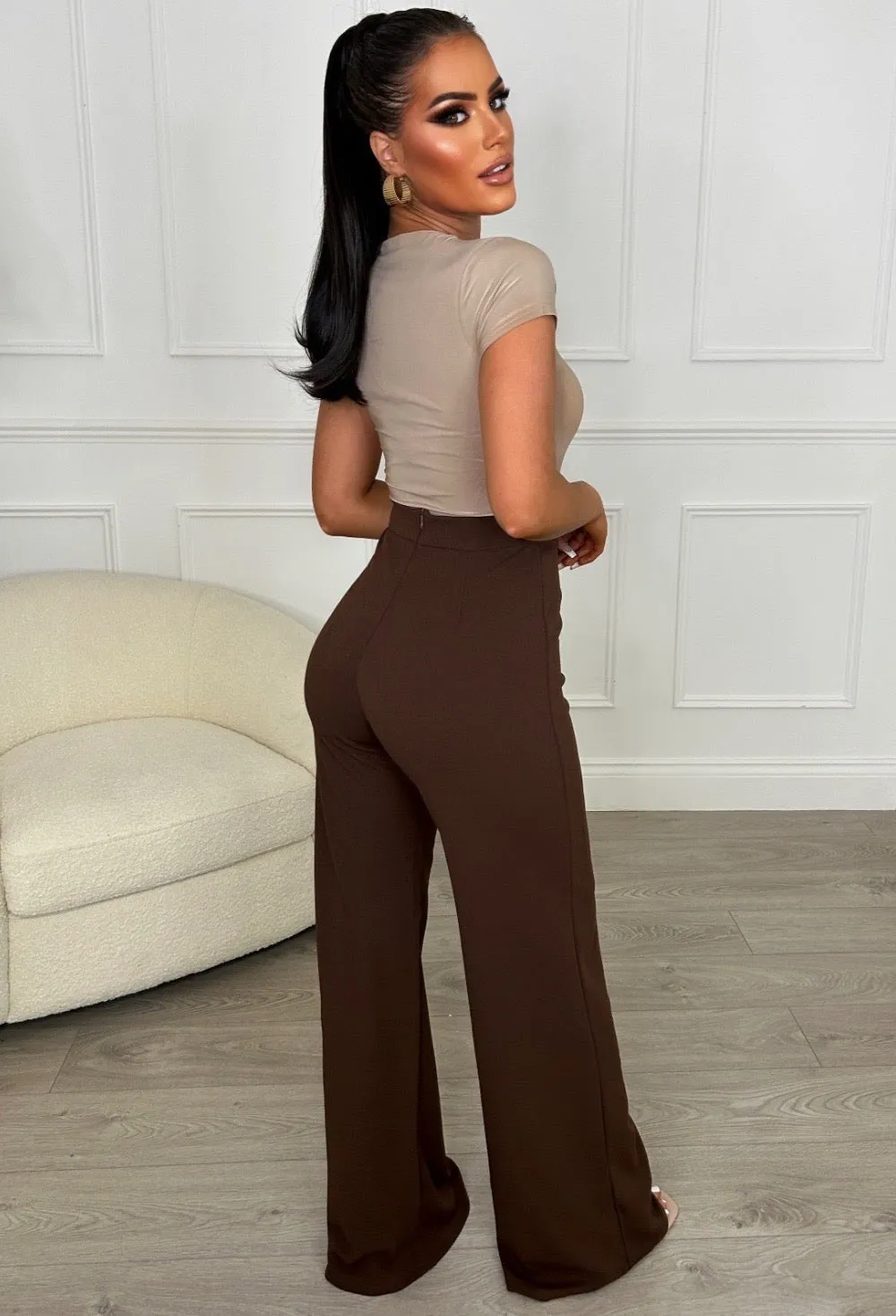 I See Fire Brown High Waisted Wide Leg Trousers
