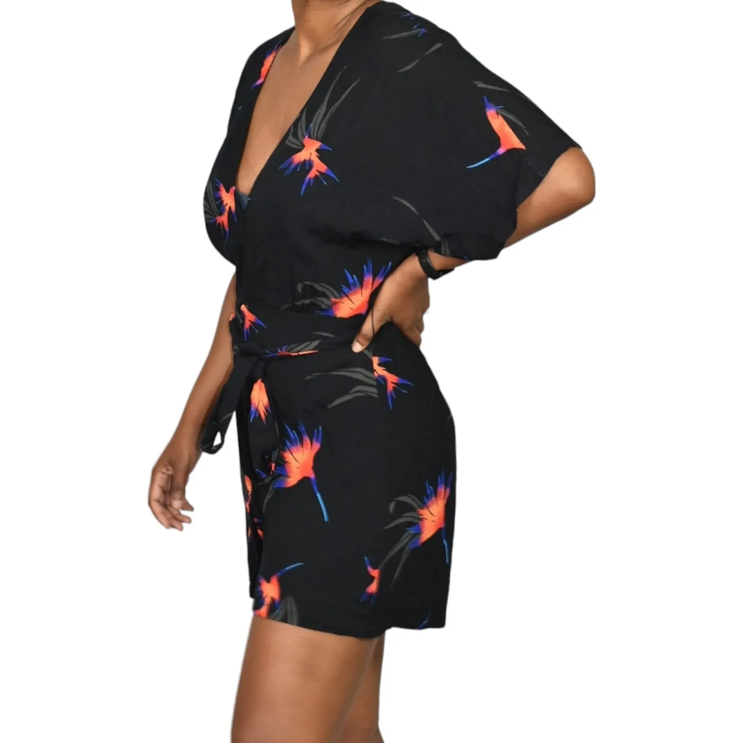 Knot Sisters Mucho Aloha Romper Black Tropical Floral Multi Print Viscose Belted Size Medium