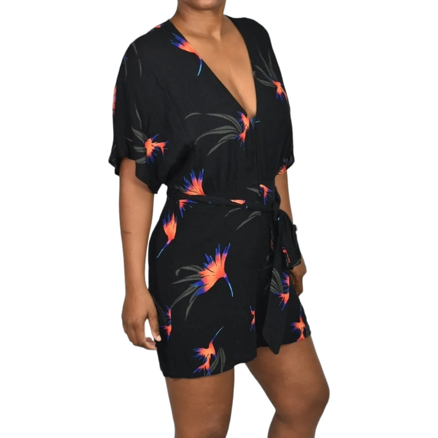 Knot Sisters Mucho Aloha Romper Black Tropical Floral Multi Print Viscose Belted Size Medium