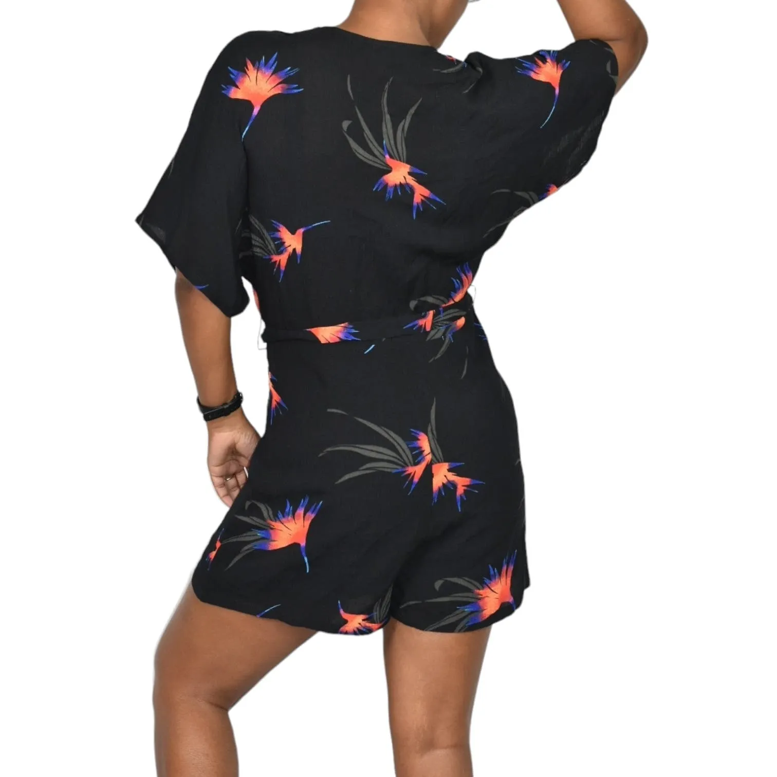 Knot Sisters Mucho Aloha Romper Black Tropical Floral Multi Print Viscose Belted Size Medium